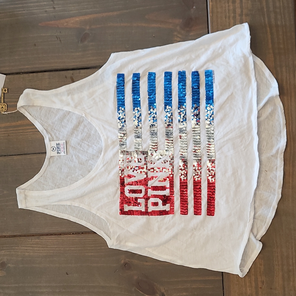 Victoria's Secret Pink Red White and Blue Sequin Flag Tank Loosefit XS